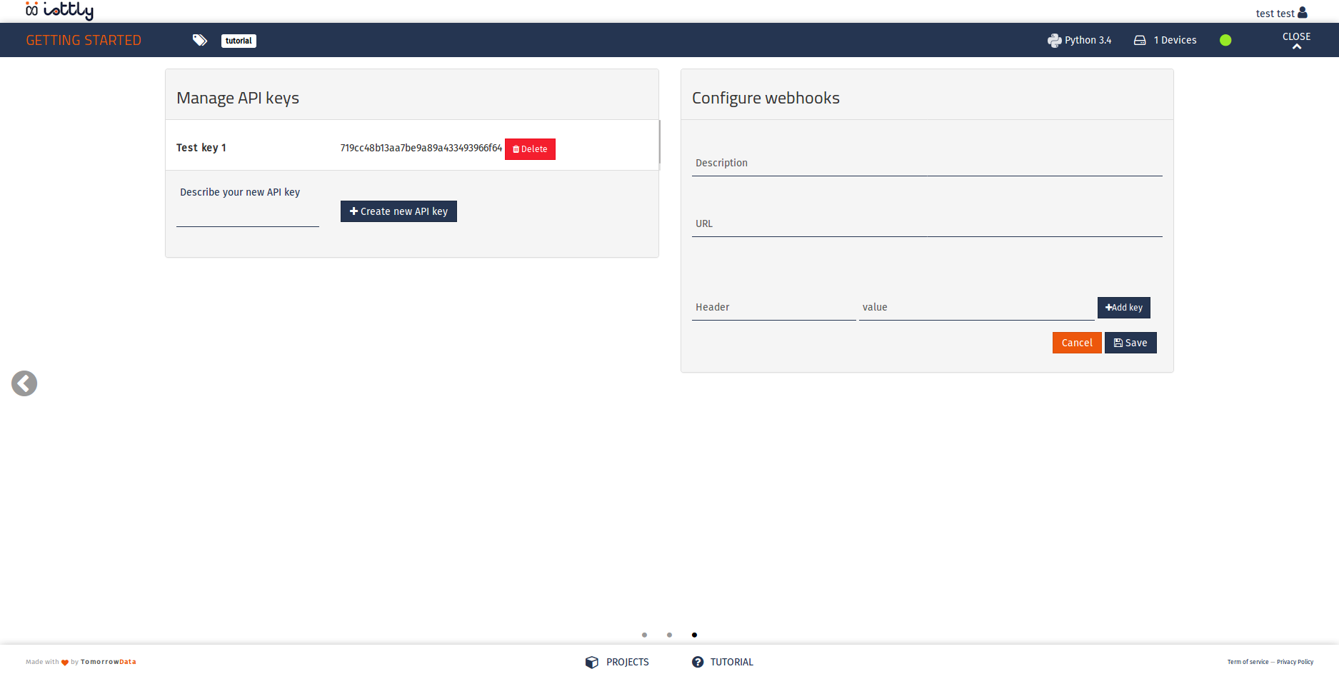 Manage API keys panel