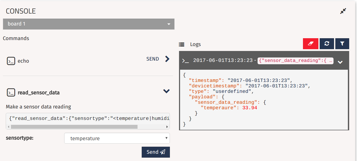 Console panel with the read_sensor_data command ready to send