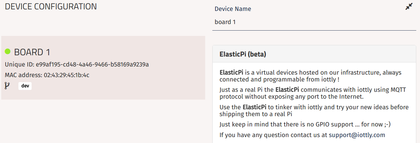 Device Configuration panel showing the Elastic Pi connected