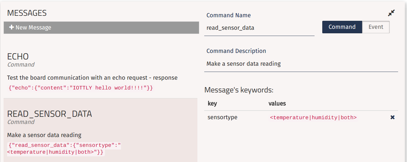Messages panel showing the read_sensor_data command