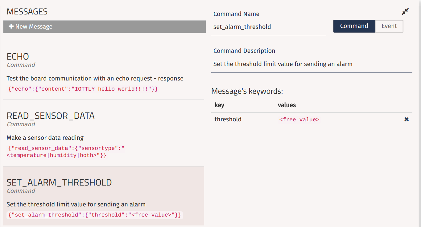 Messages panel with the new set_alarm_threshold command