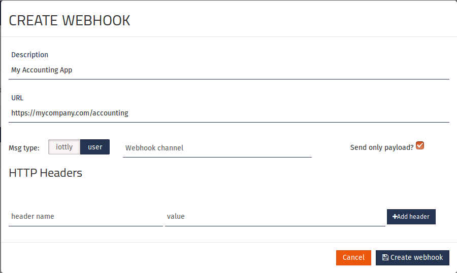 Webhook creation form